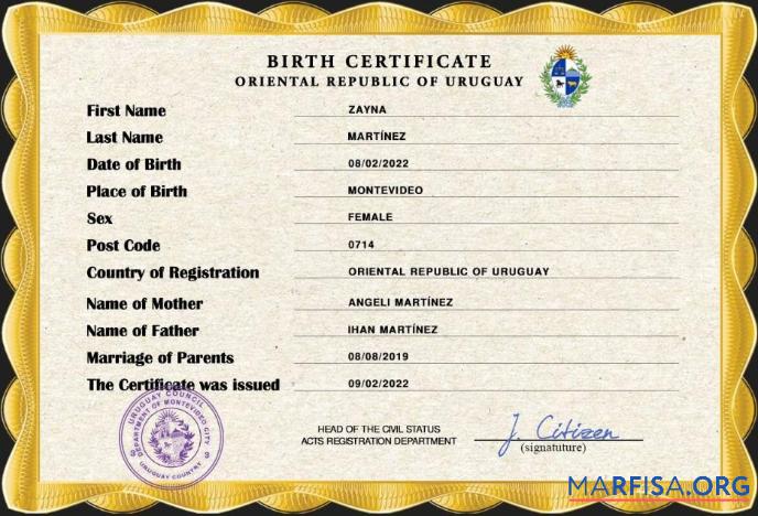 Realistic Uruguay vital record birth certificate PSD template